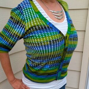 🍀🍀Green Stripped Worthington  Crew Neck Long Sleeve Button Cardigan Size M